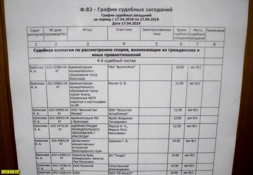 График рассмотрения дел судьей Н.Ермоловой на 17.04.2019г. Первым рассматривалось дело по иску  к ПАО "Вымпелком"