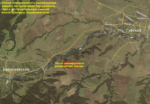 Схема планируемого размещения завода по производству цемента, гипса и строительных смесей возле станицы Баракаевской